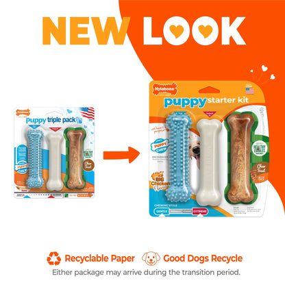 Puppy Chew Starter Kit Chew Toy with Healthy Edibles Chew Treat Chicken & Bacon Blue Small (3 Count)