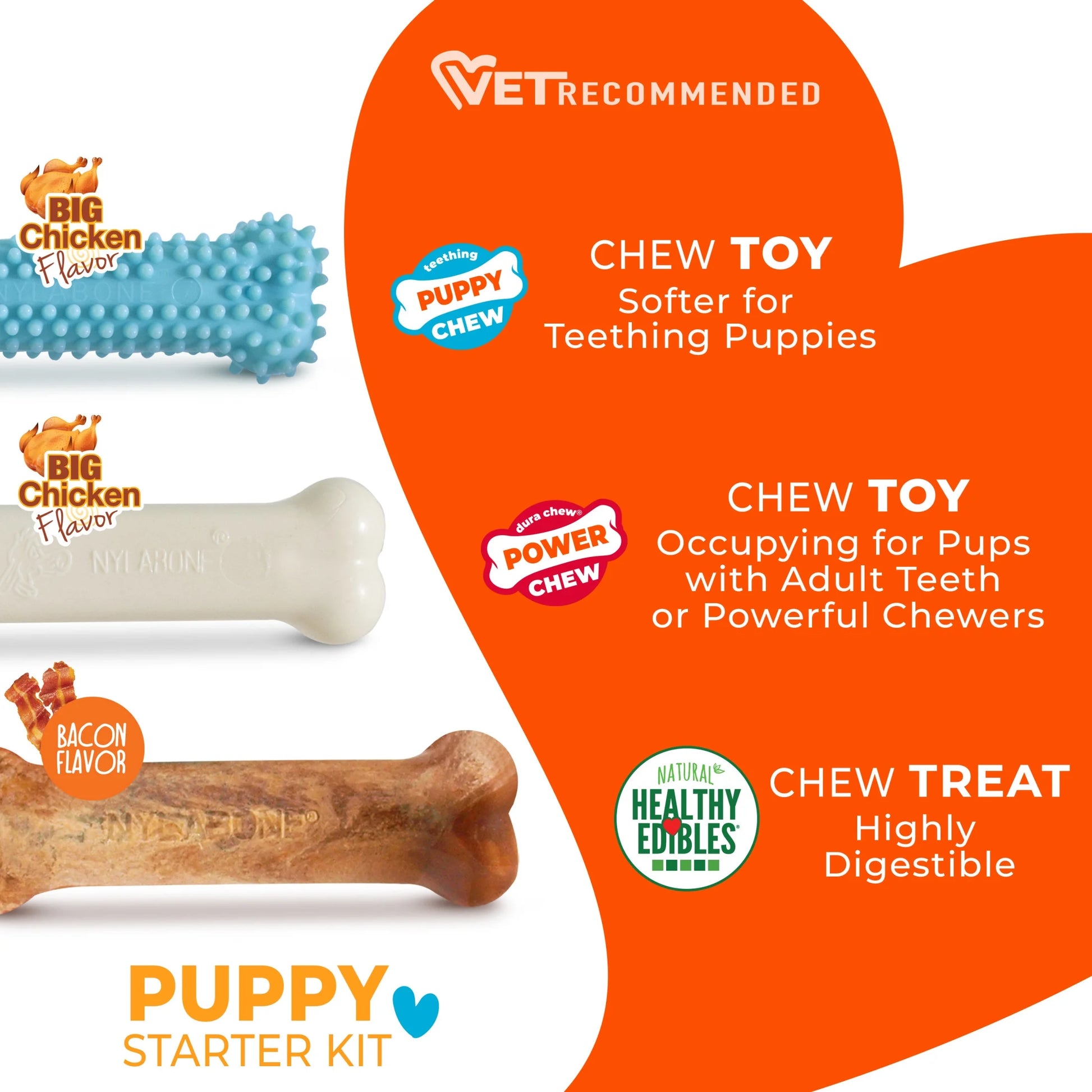 Puppy Chew Starter Kit Chew Toy with Healthy Edibles Chew Treat Chicken & Bacon Blue Small (3 Count)
