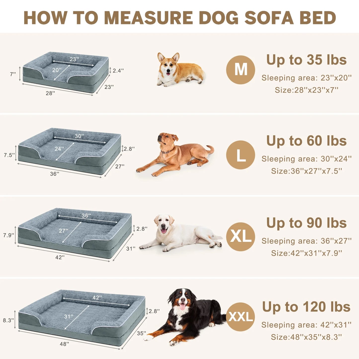 Large Dog Bed for Extra Large Dogs Waterproof Orthopedic Dog Sofa Bed Non Slip Pet Couch with Removable Washable Cover Supportive Foam M to XXL, Gray