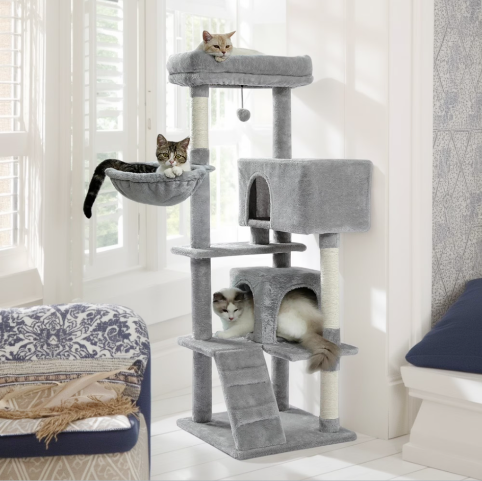 56" Cat Tree for Indoor Cats Cat Condos for Adult Cats with Padded Plush Perch and Cozy Basket Cat Tower for Large Cats , Gray