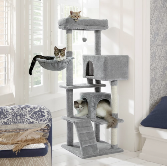 56" Cat Tree for Indoor Cats Cat Condos for Adult Cats with Padded Plush Perch and Cozy Basket Cat Tower for Large Cats , Gray