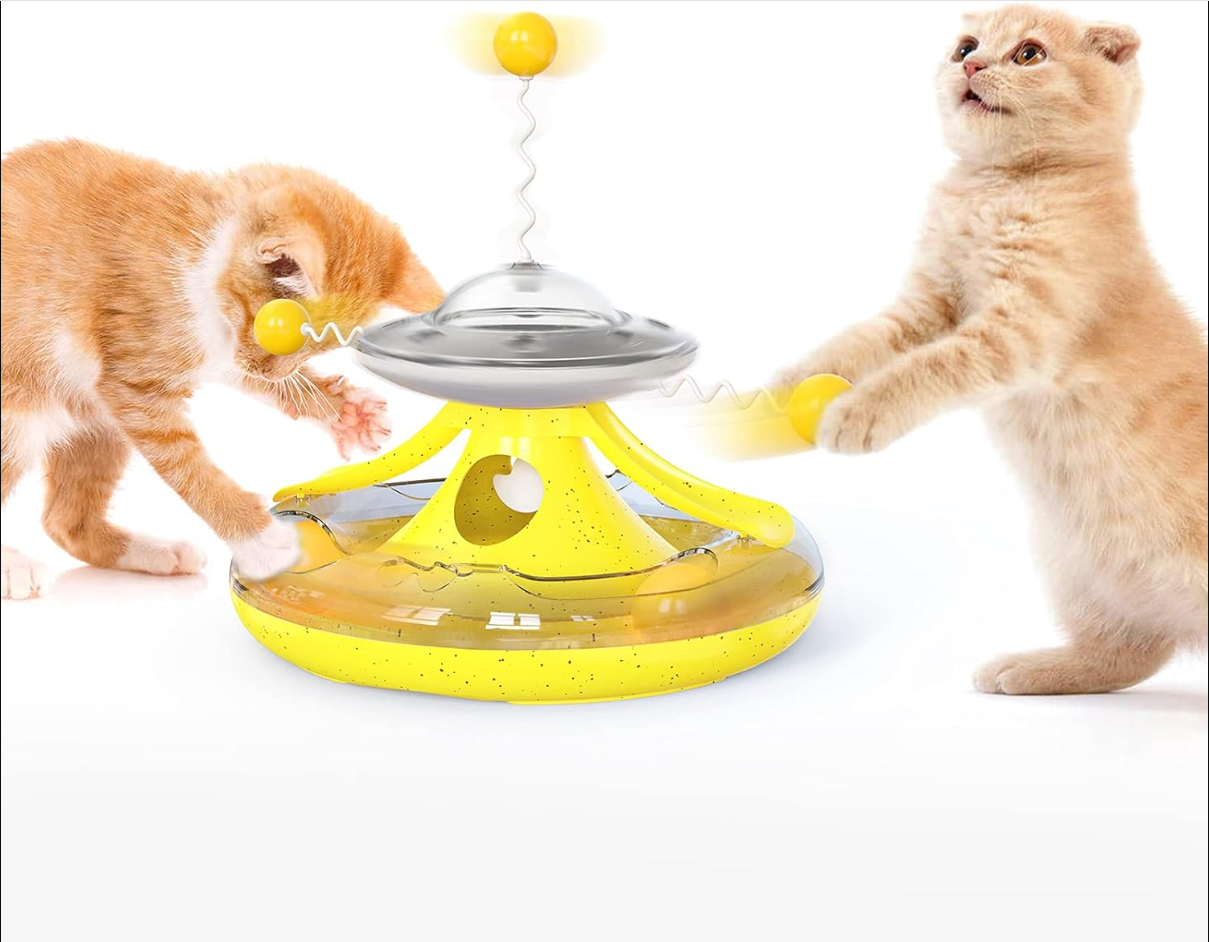 Cat Toy,Interactive Roller Tunnel Cat Toy with Cat Wand Toy for Indoor,Cat Food Dispenser with Toy Balls for Kitten Mental and Physical Motion Exercise (Yellow)