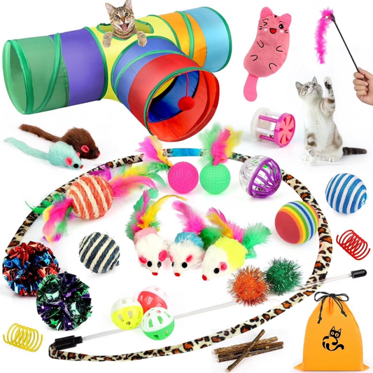 32 Pcs Cat Toys Kitten Toys, Interactive Variety Catnip Toys with Collapsible Rainbow Tunnel, Cat Feather Teaser Crinkle Balls Spring Toy for Cat, Kitty, Puppy