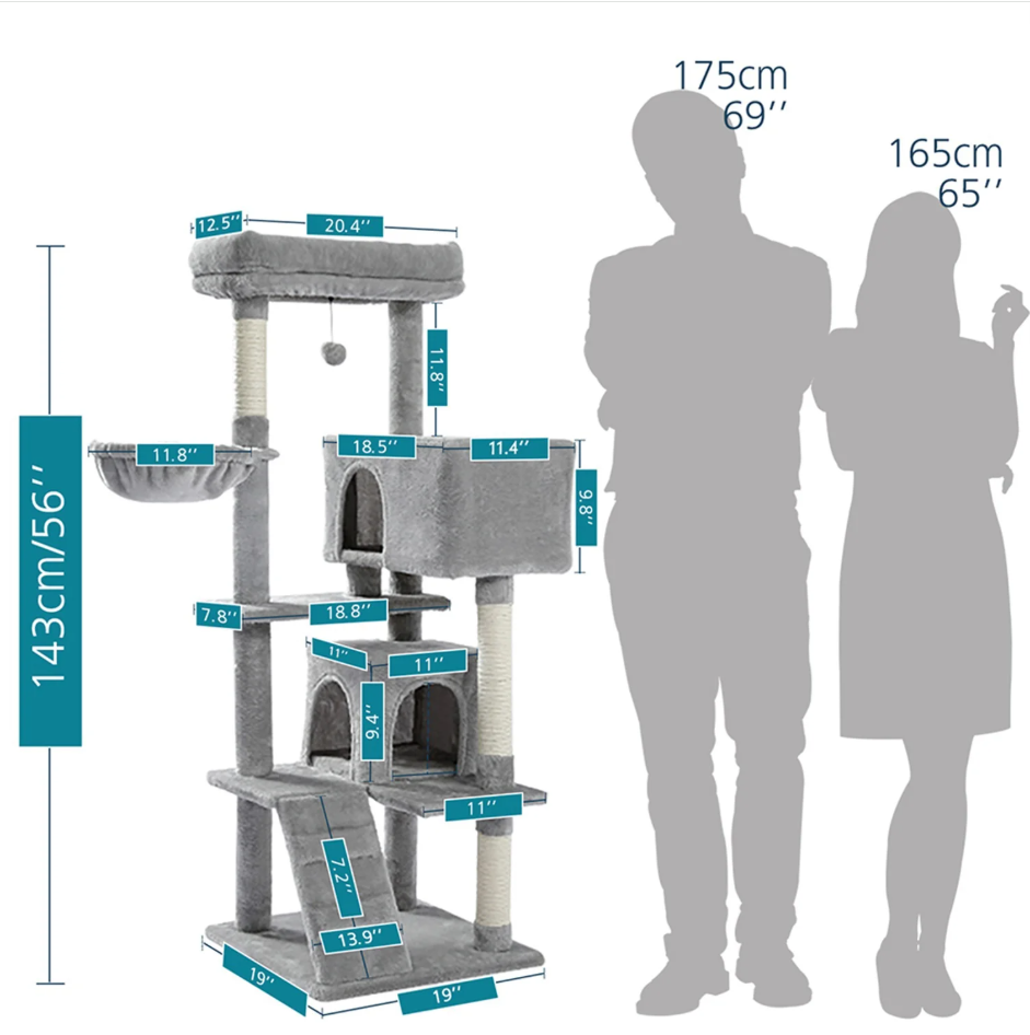 56" Cat Tree for Indoor Cats Cat Condos for Adult Cats with Padded Plush Perch and Cozy Basket Cat Tower for Large Cats , Gray