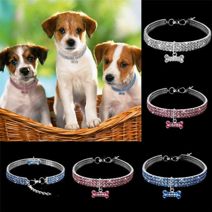 Amazing 3 Rows Rhinestones Necklace Pet Cat Dog Collar Bling Rhinestone Bone Jewelry Party Wedding Accessories,White,M:10-12" Neck