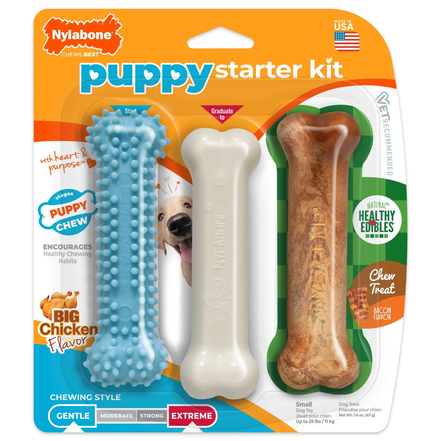 Puppy Chew Starter Kit Chew Toy with Healthy Edibles Chew Treat Chicken & Bacon Blue Small (3 Count)