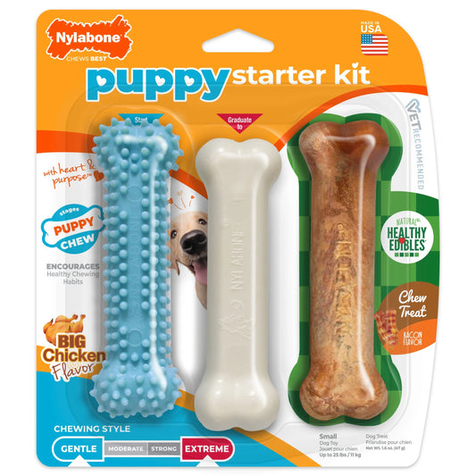 Puppy Chew Starter Kit Chew Toy with Healthy Edibles Chew Treat Chicken & Bacon Blue Small (3 Count)