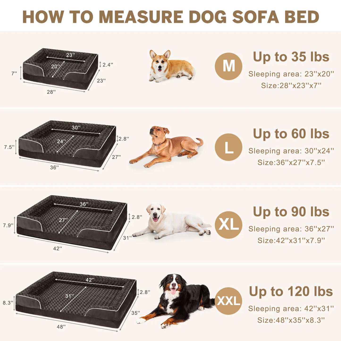 Large Dog Bed for Extra Large Dogs Waterproof Orthopedic Dog Sofa Bed Non Slip Pet Couch with Removable Washable Cover Supportive Foam M to XXL, Brown