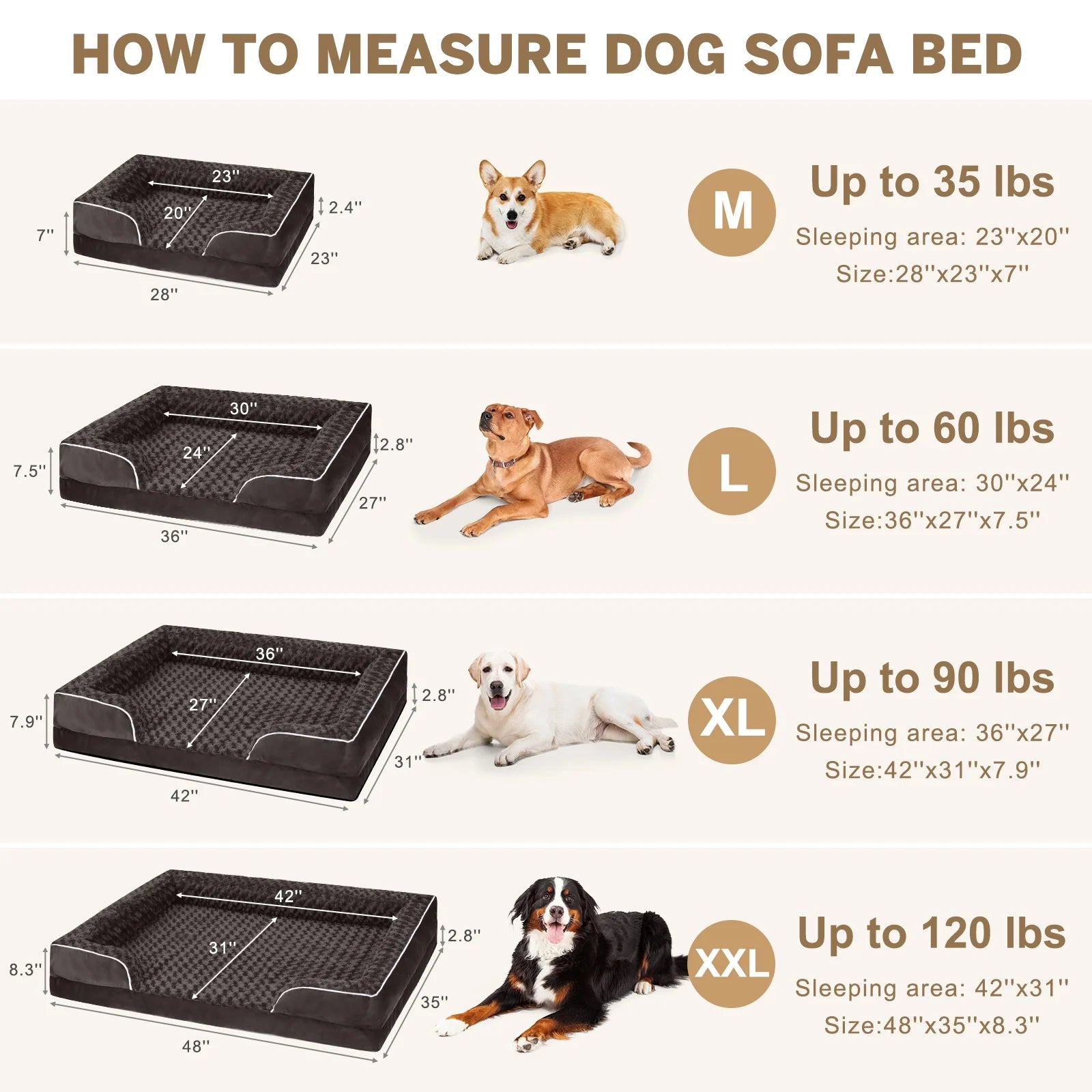 Large Dog Bed for Extra Large Dogs Waterproof Orthopedic Dog Sofa Bed Non Slip Pet Couch with Removable Washable Cover Supportive Foam M to XXL, Brown